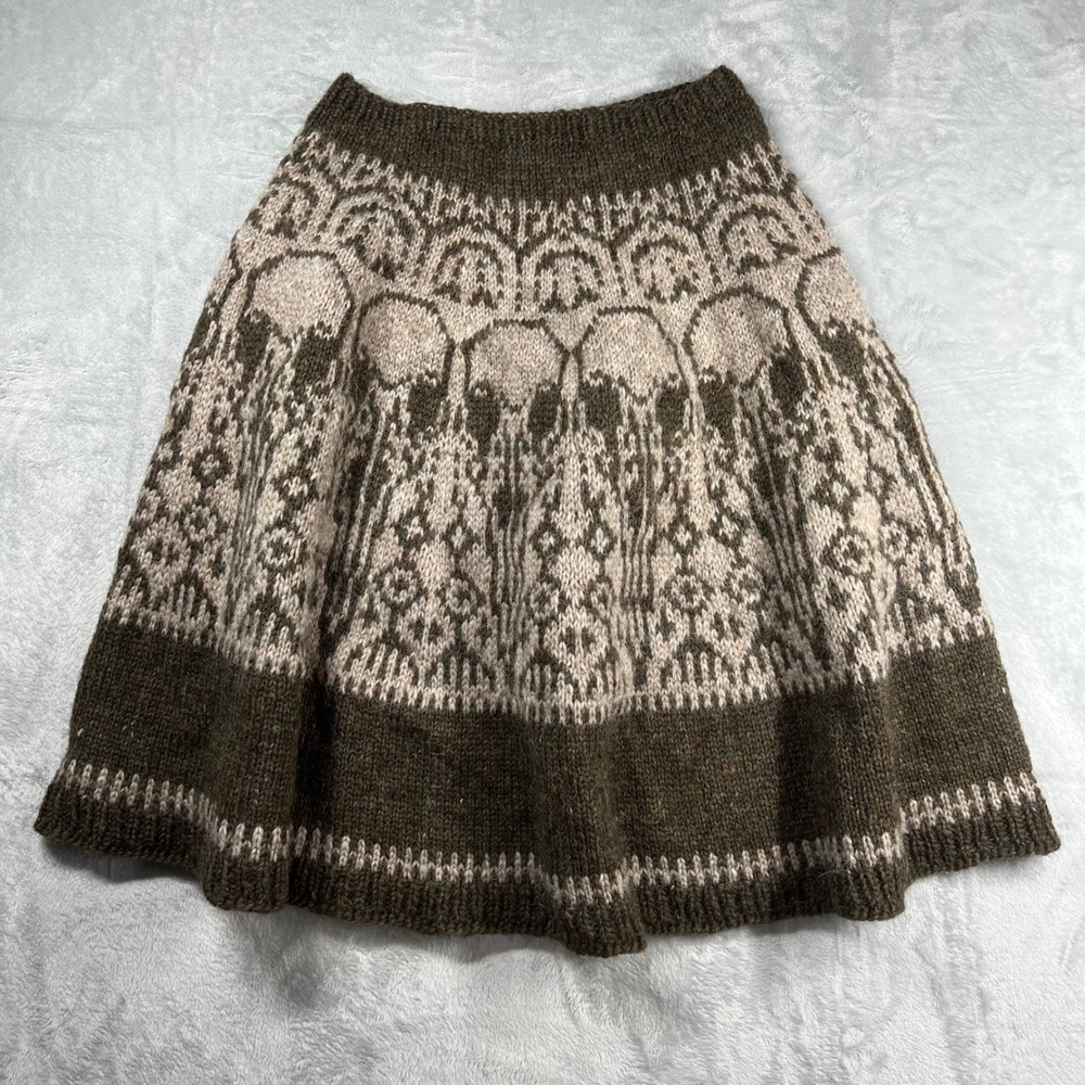 Handmade Wool Knit Fair Isle Skull Midi Skirt Brown Cream Gothic A-Line Skirt